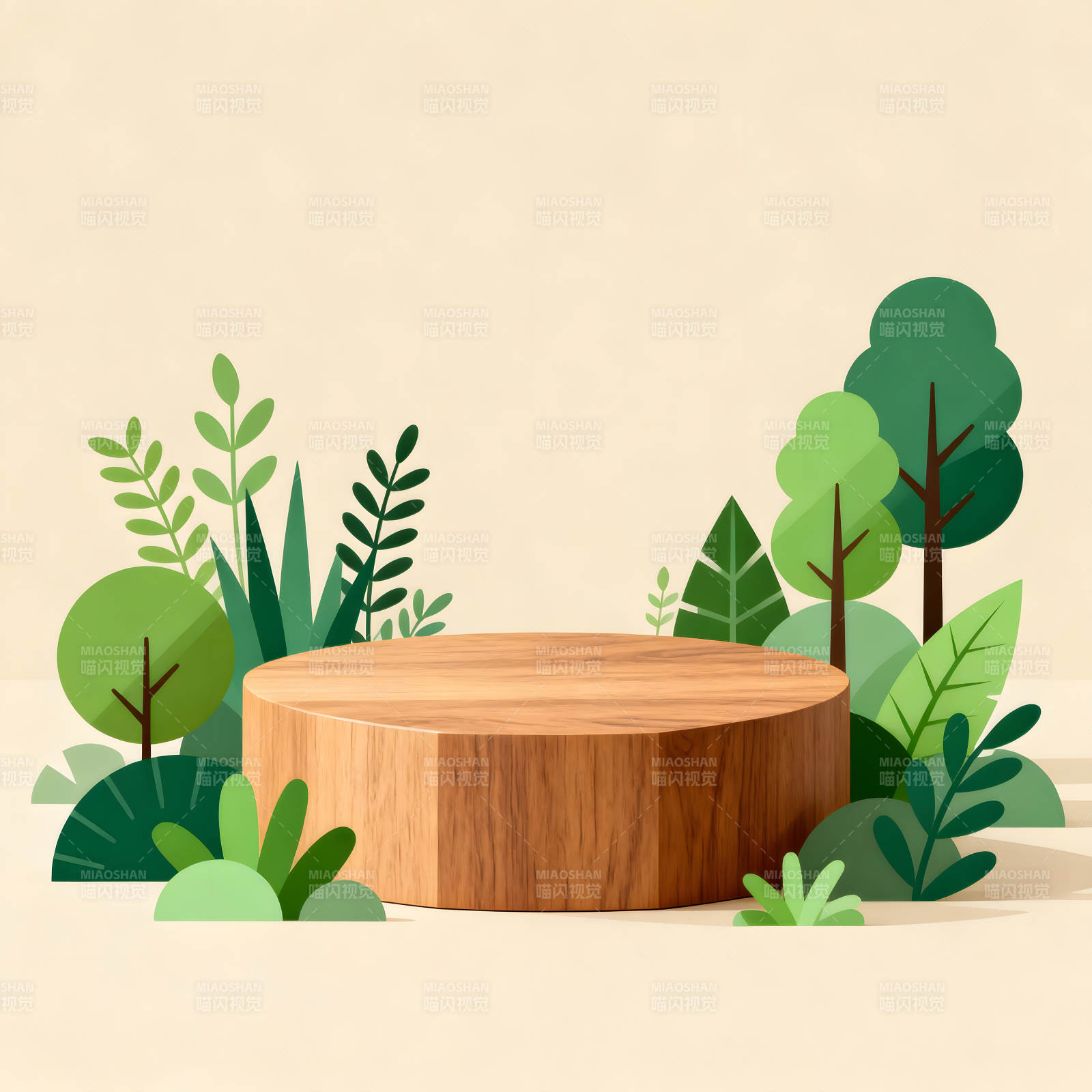 木质平台与绿植的清新背景图片