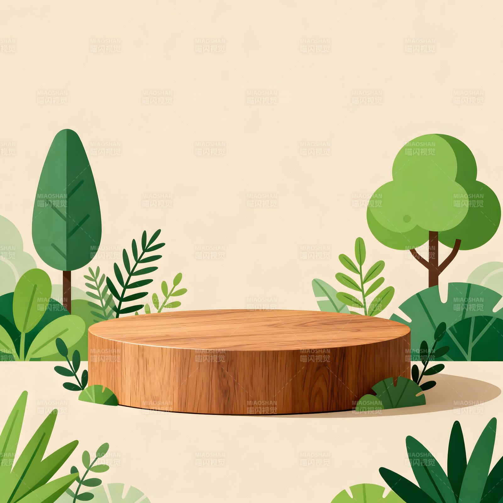 木质圆台展示产品绿色植物背景图片