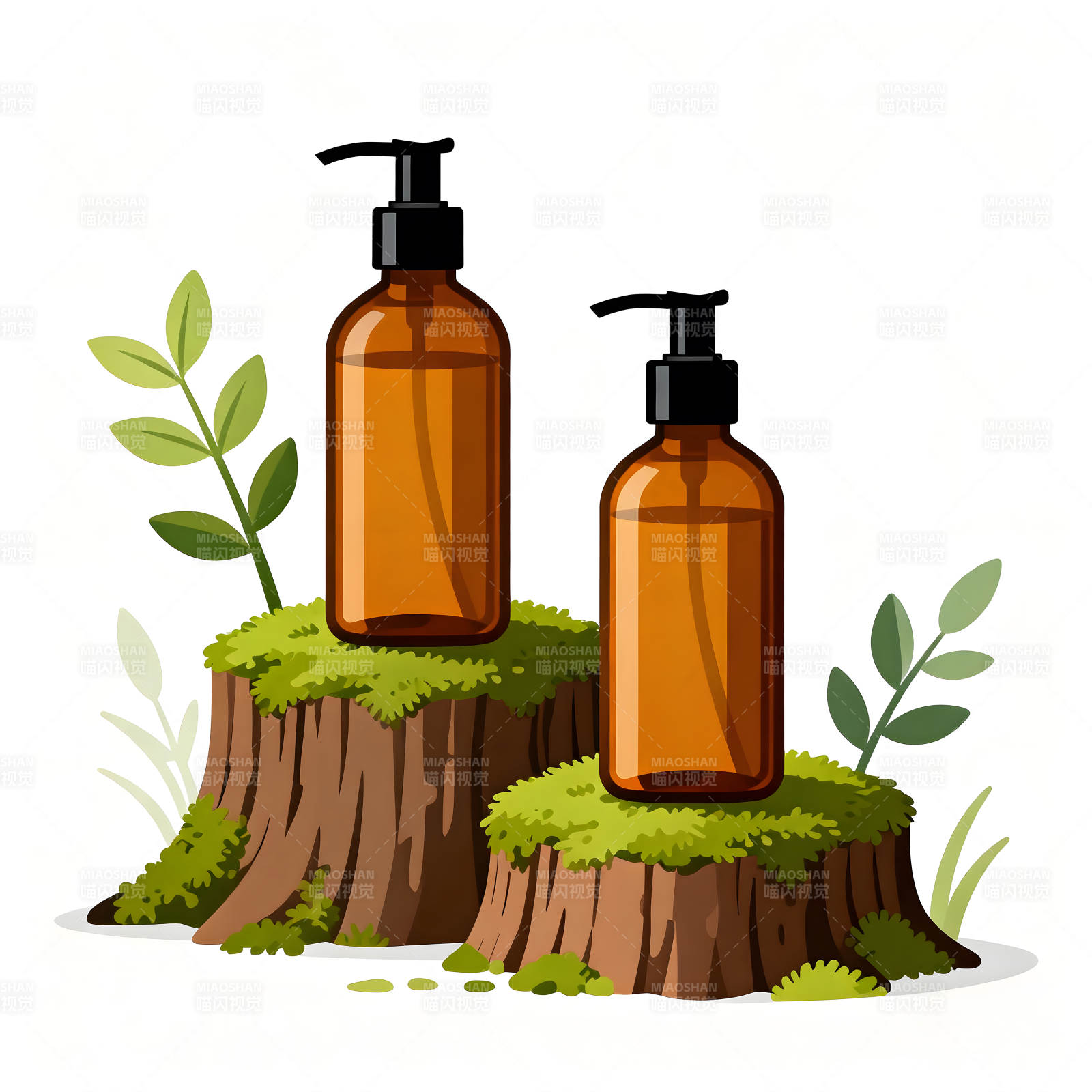 简约护肤品置于树桩之上图片