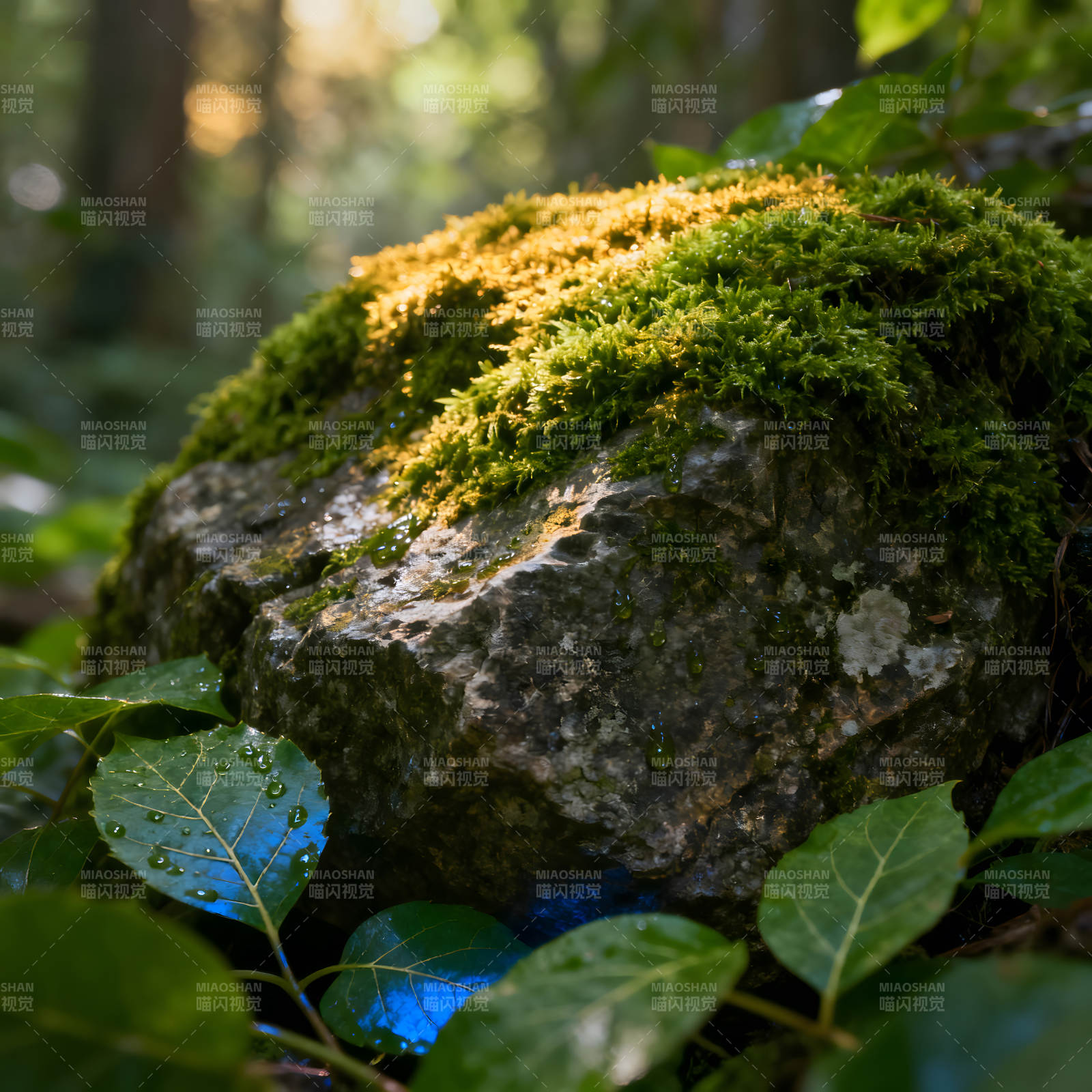 阳光照耀青苔石头生机盎然图片