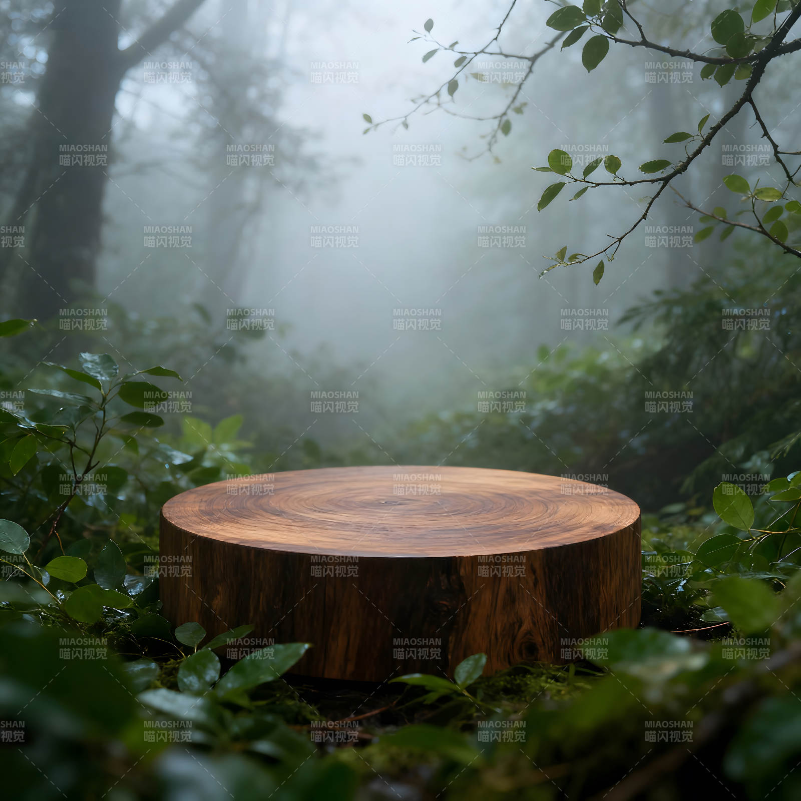 树桩置于迷雾森林之中图片