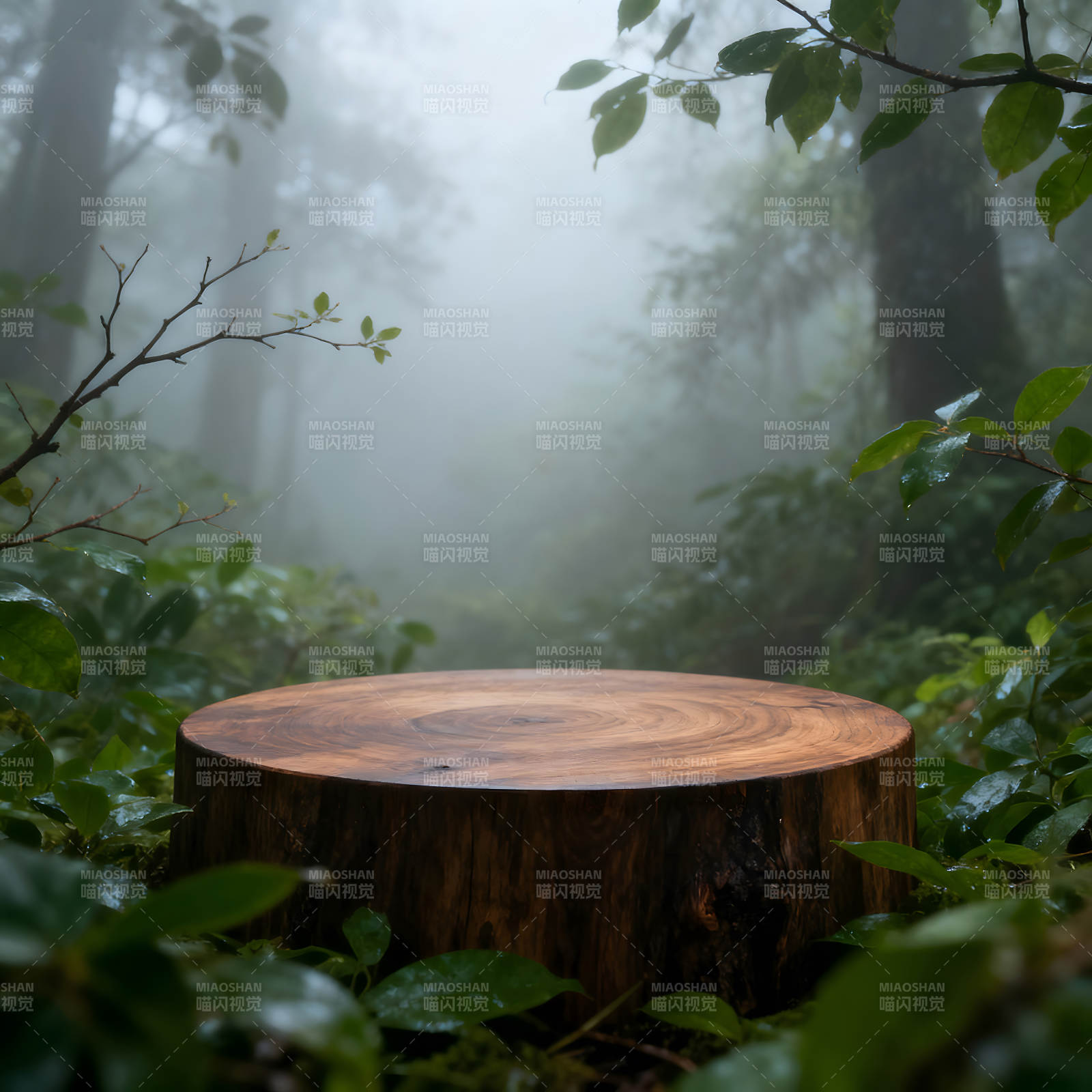 森林里的木桩雾气缭绕氛围感十足图片