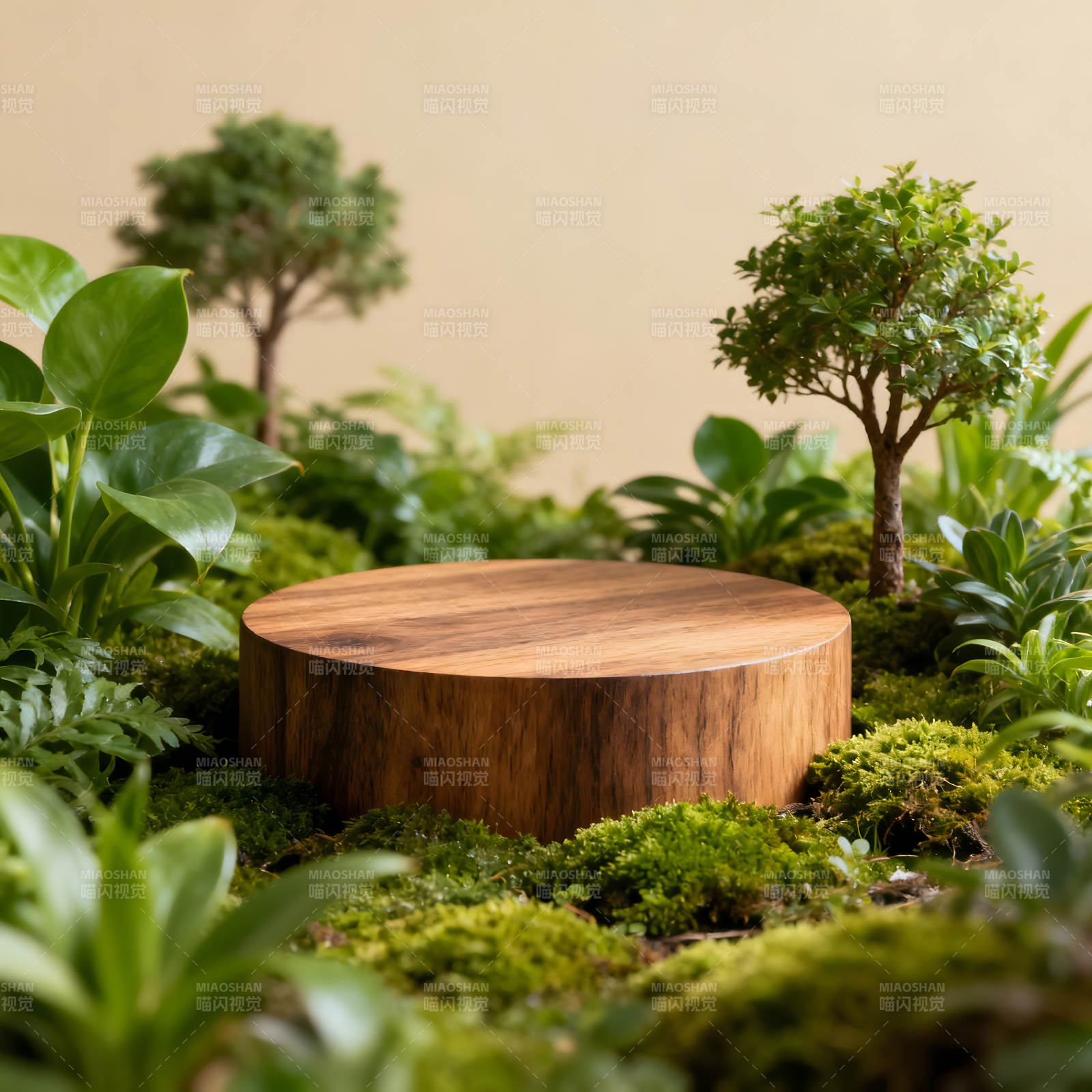 木质展台置于绿植之中图片