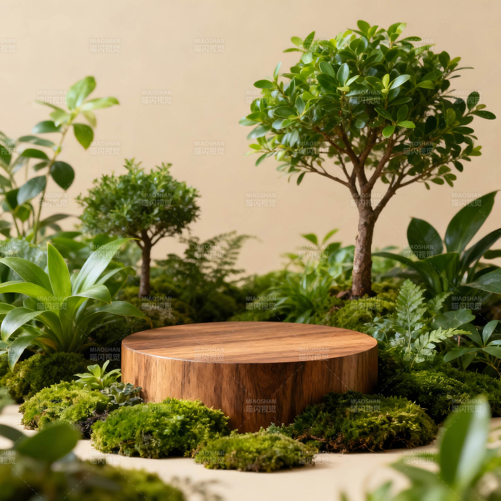 木质展示台与绿植的清新组合图片