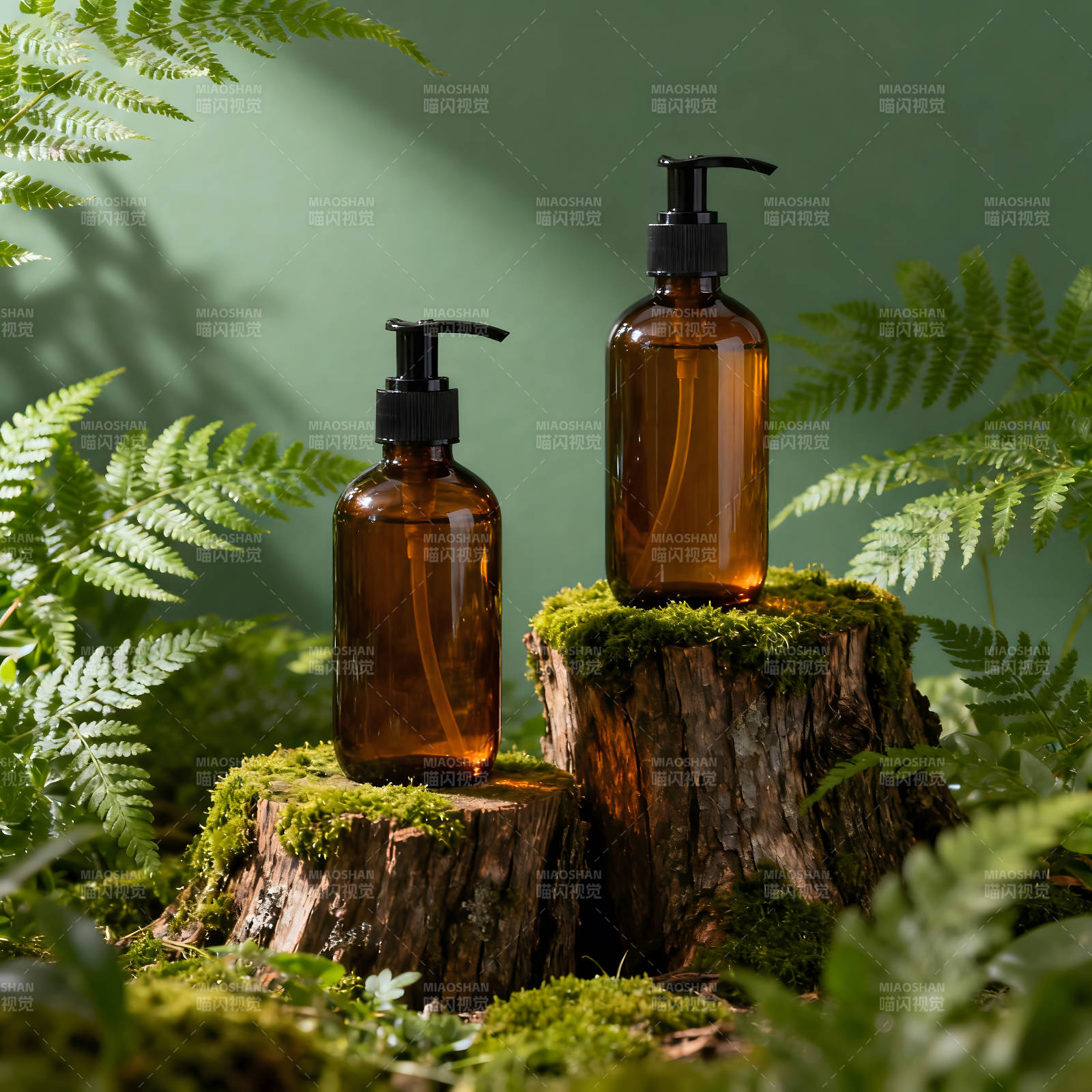 绿色背景下的两瓶棕色液体瓶图片