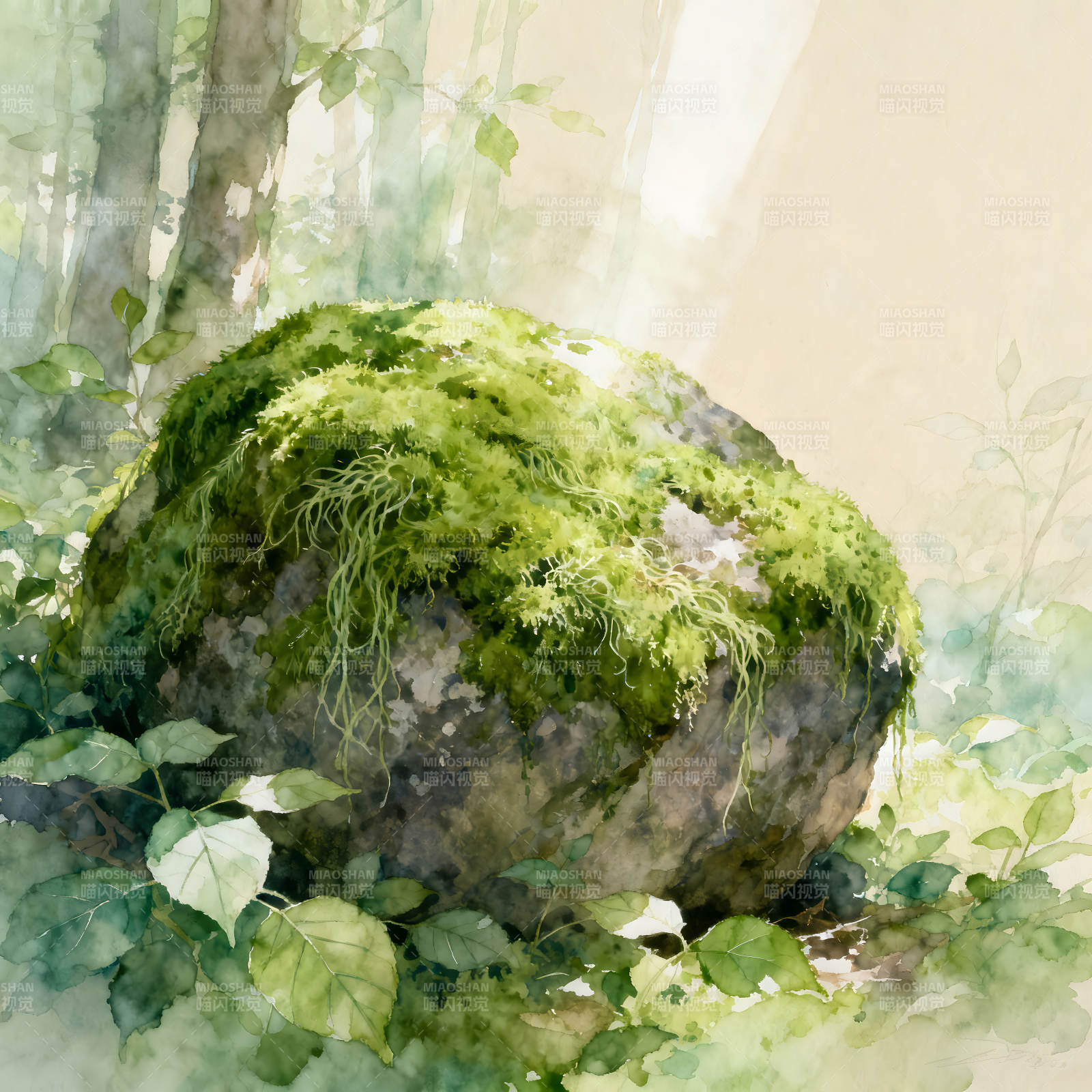 林中巨石青苔繁茂生机勃勃图片