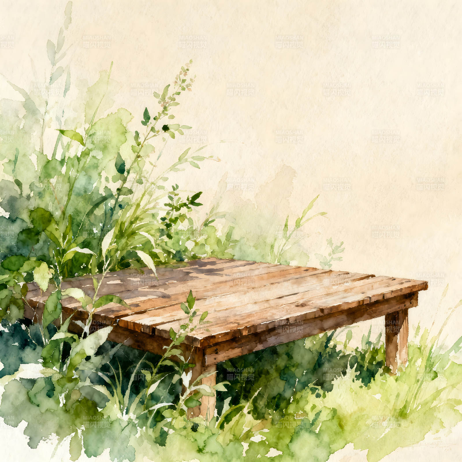 水彩风格的木桌和绿植图片