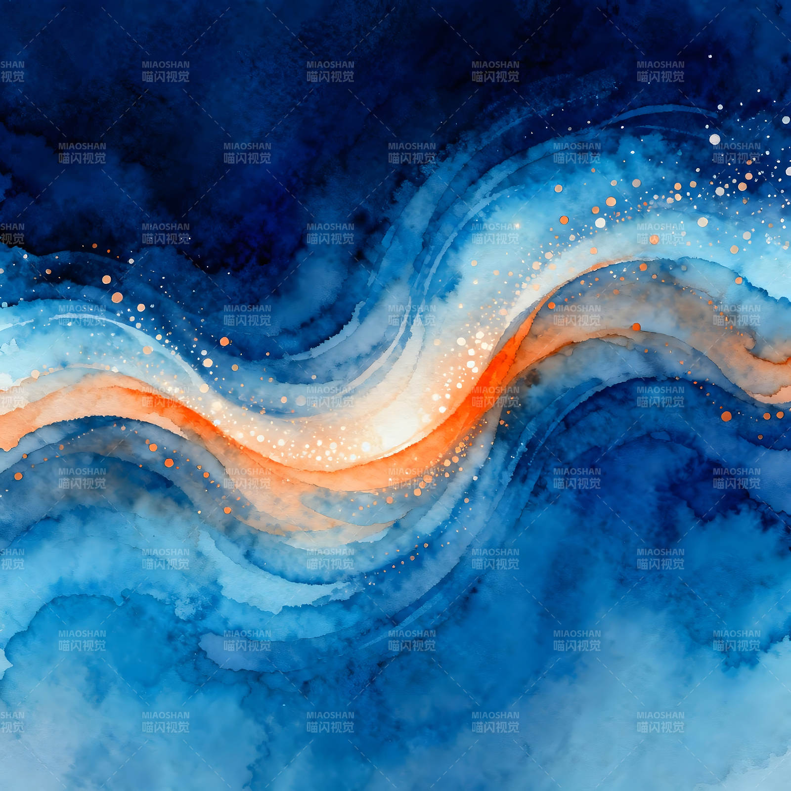 水彩风格抽象画作蓝橙色交织波浪图片