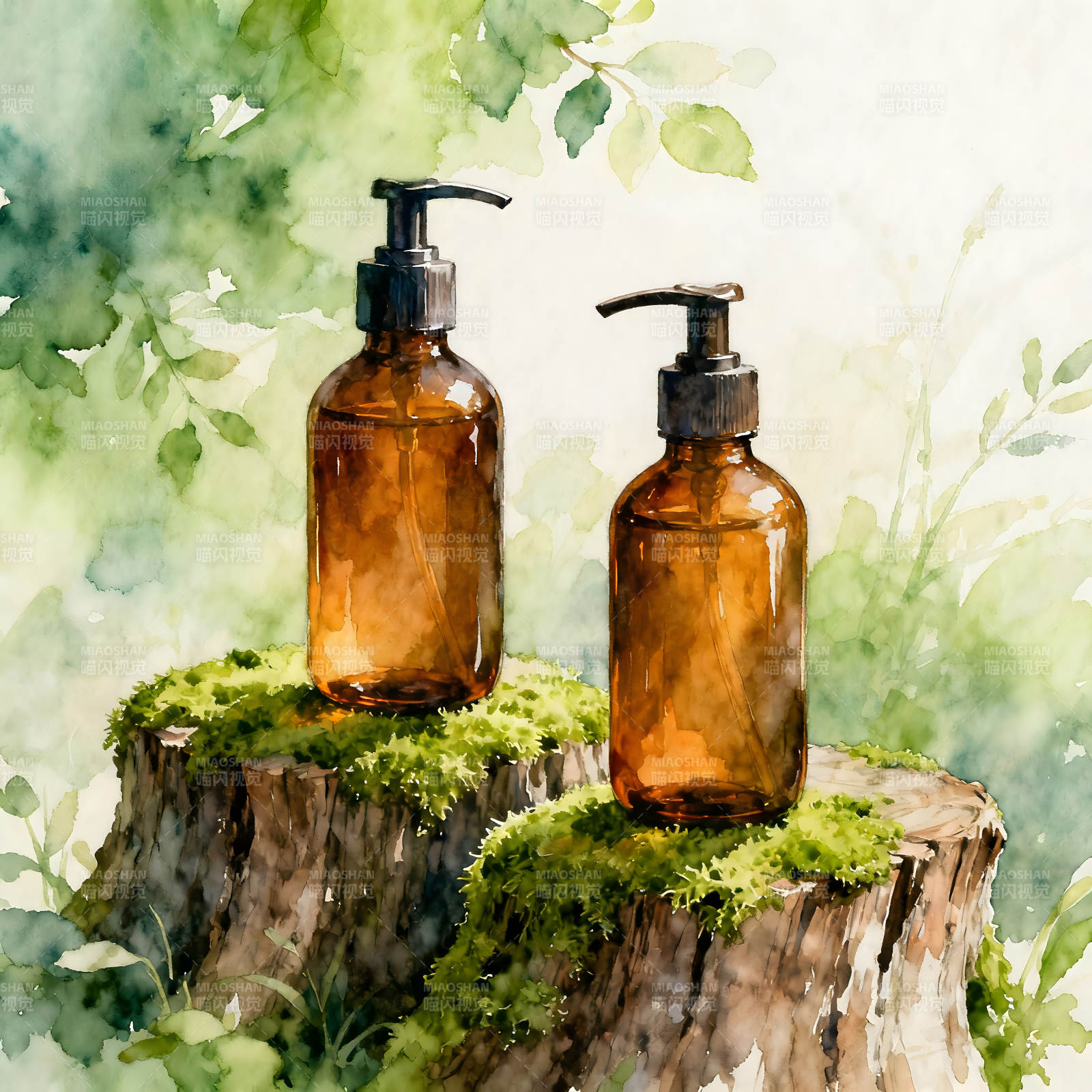 琥珀瓶展示绿色背景下的美容产品图片