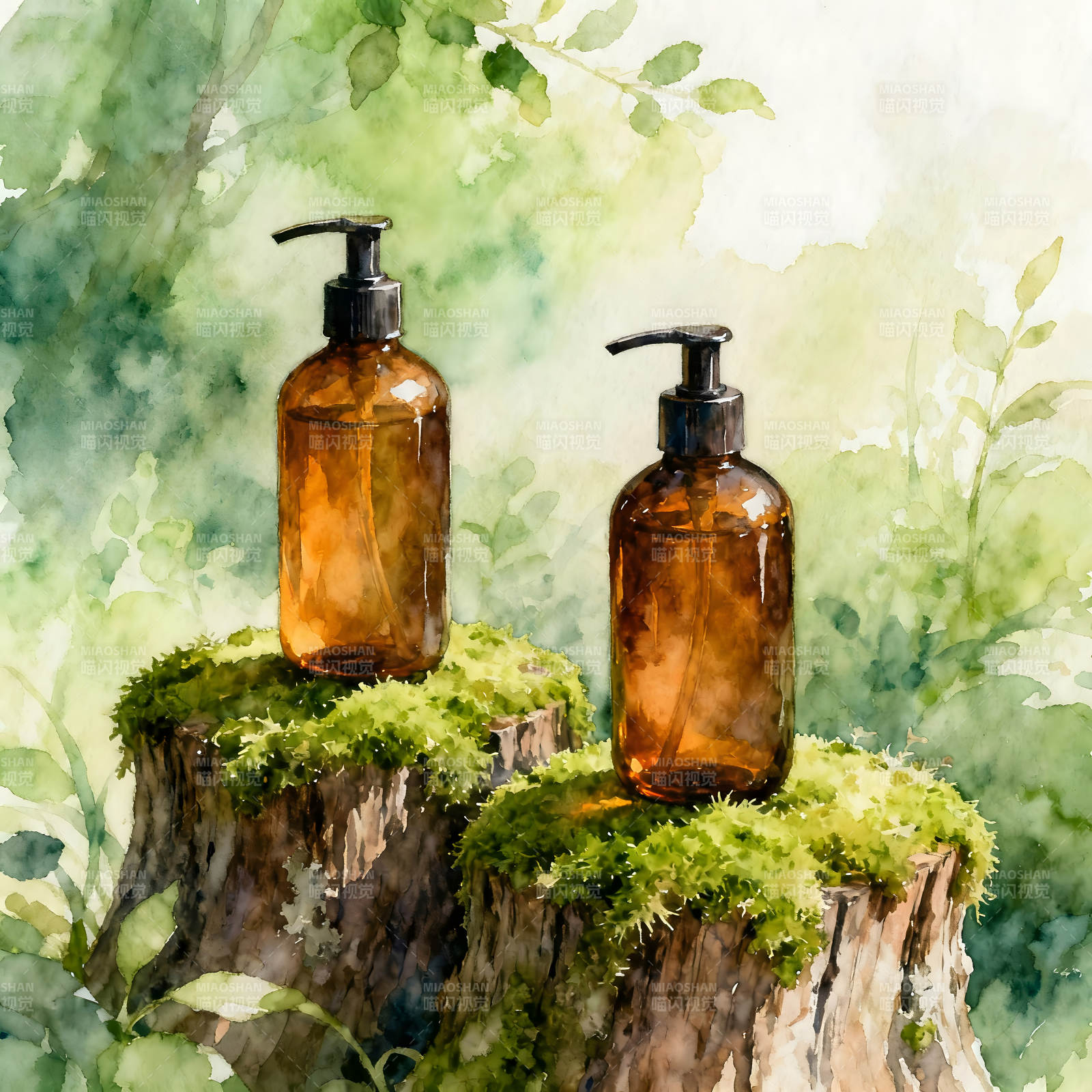 琥珀瓶子静置在树桩上图片