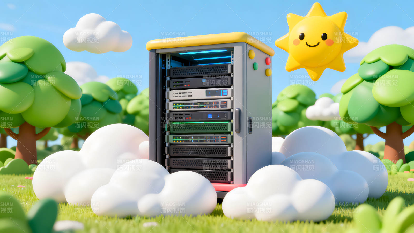 服务器与卡通风景的可爱插画图片
