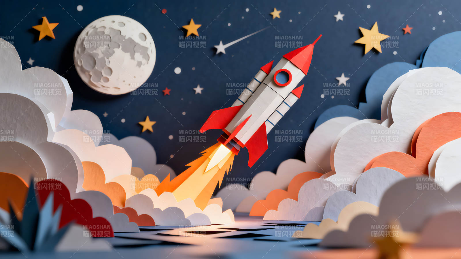 纸艺火箭升空星月交辉图片