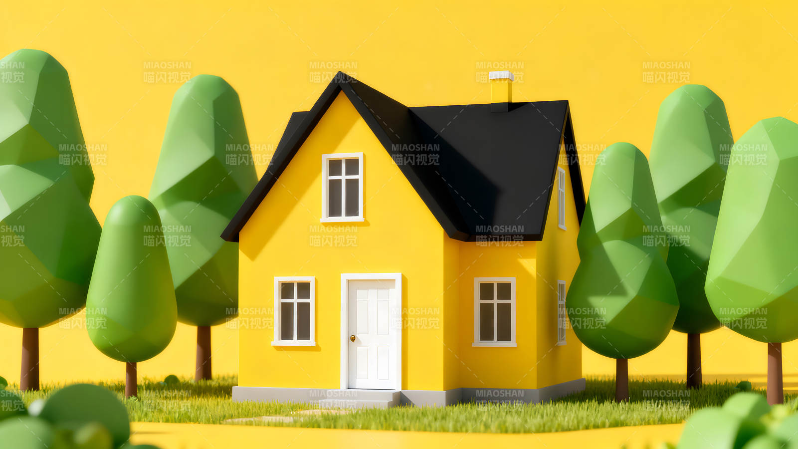 卡通风格的黄色小屋和绿树图片