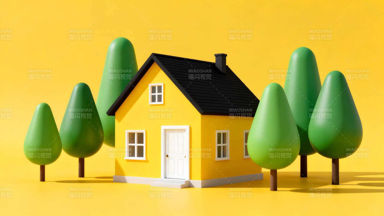 黄色小房与绿色树木构成图片