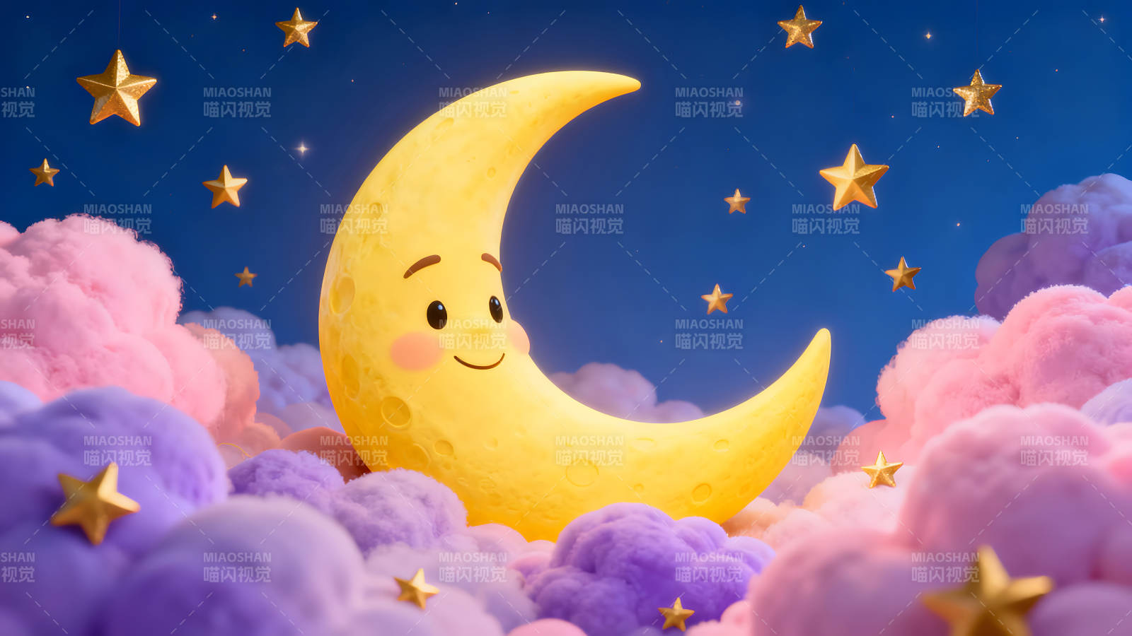 卡通月亮和星星在梦幻云朵中图片