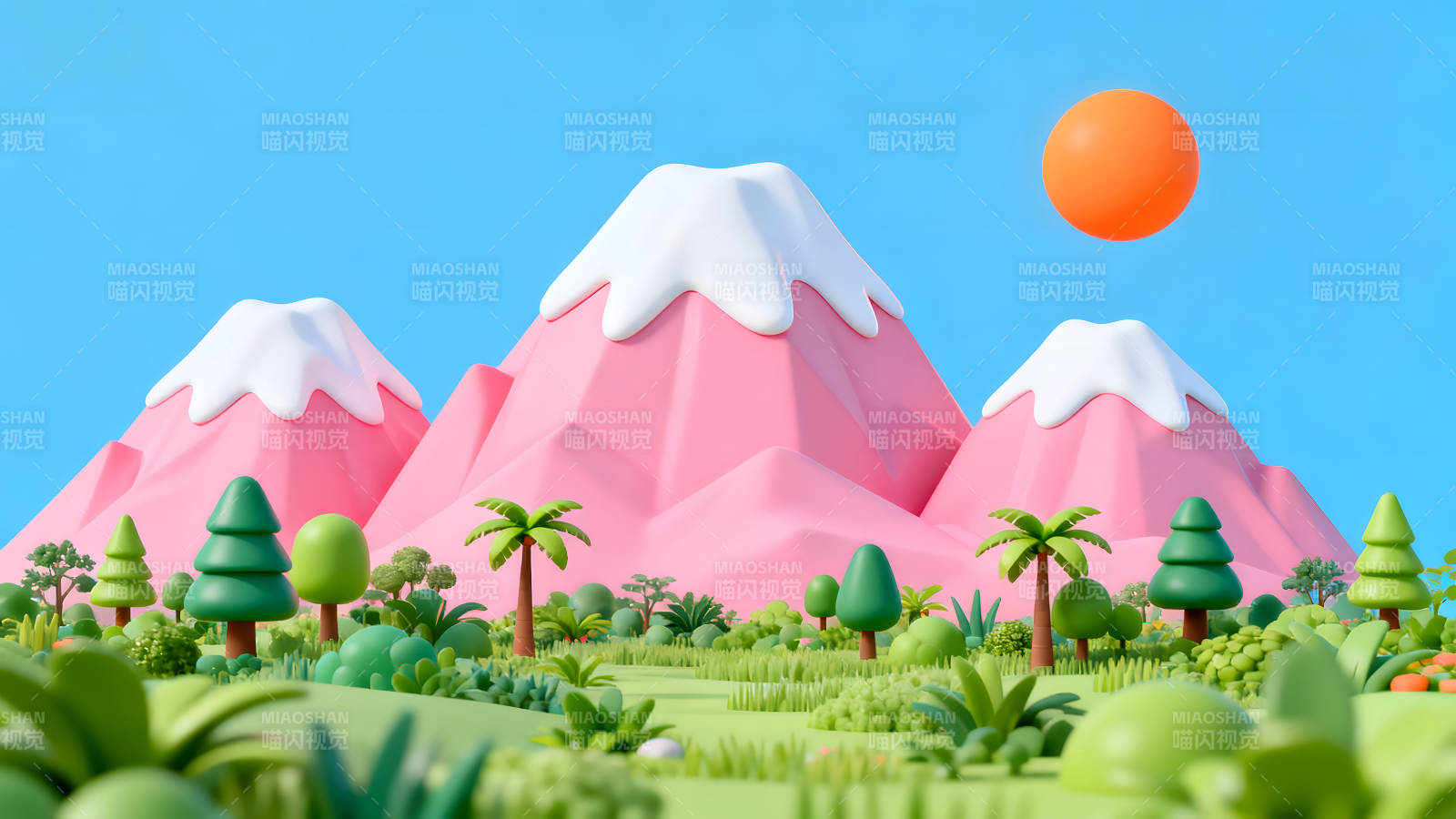卡通风景粉色雪山绿色植被图片