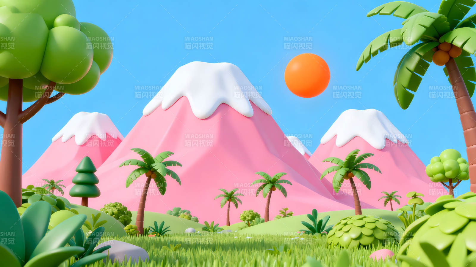 卡通风格的山景清新可爱图片