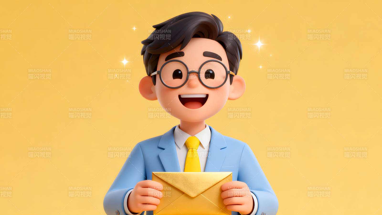 卡通人物手持金黄色信封微笑图片