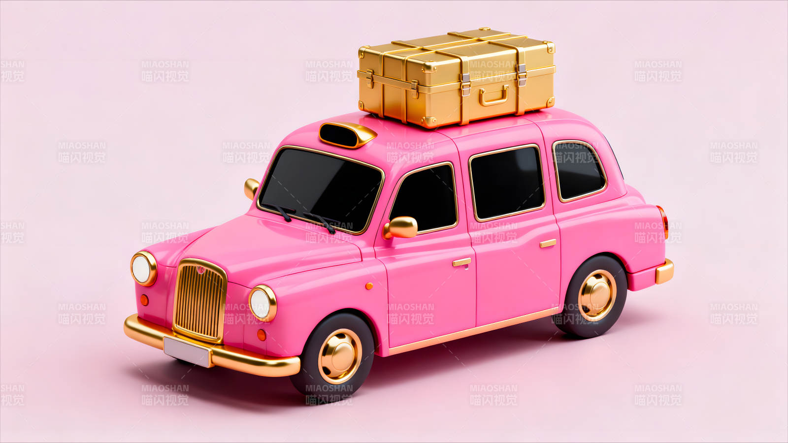 粉色出租车与金色行李箱的可爱旅行图片