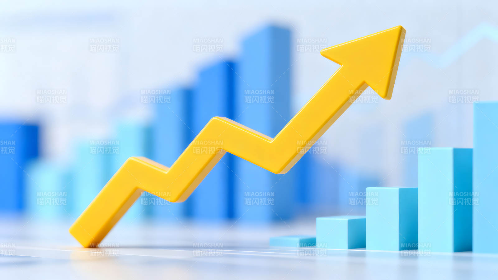 增长趋势图金色箭头指向增长的蓝色柱状图图片