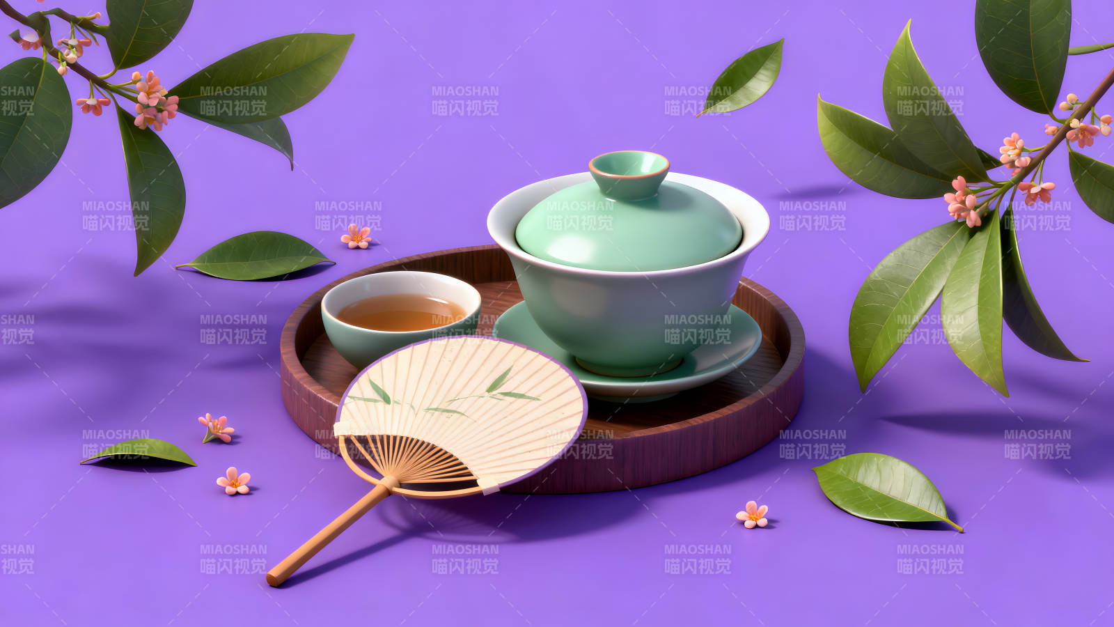 茶具与花朵的静物摄影紫色背景图片