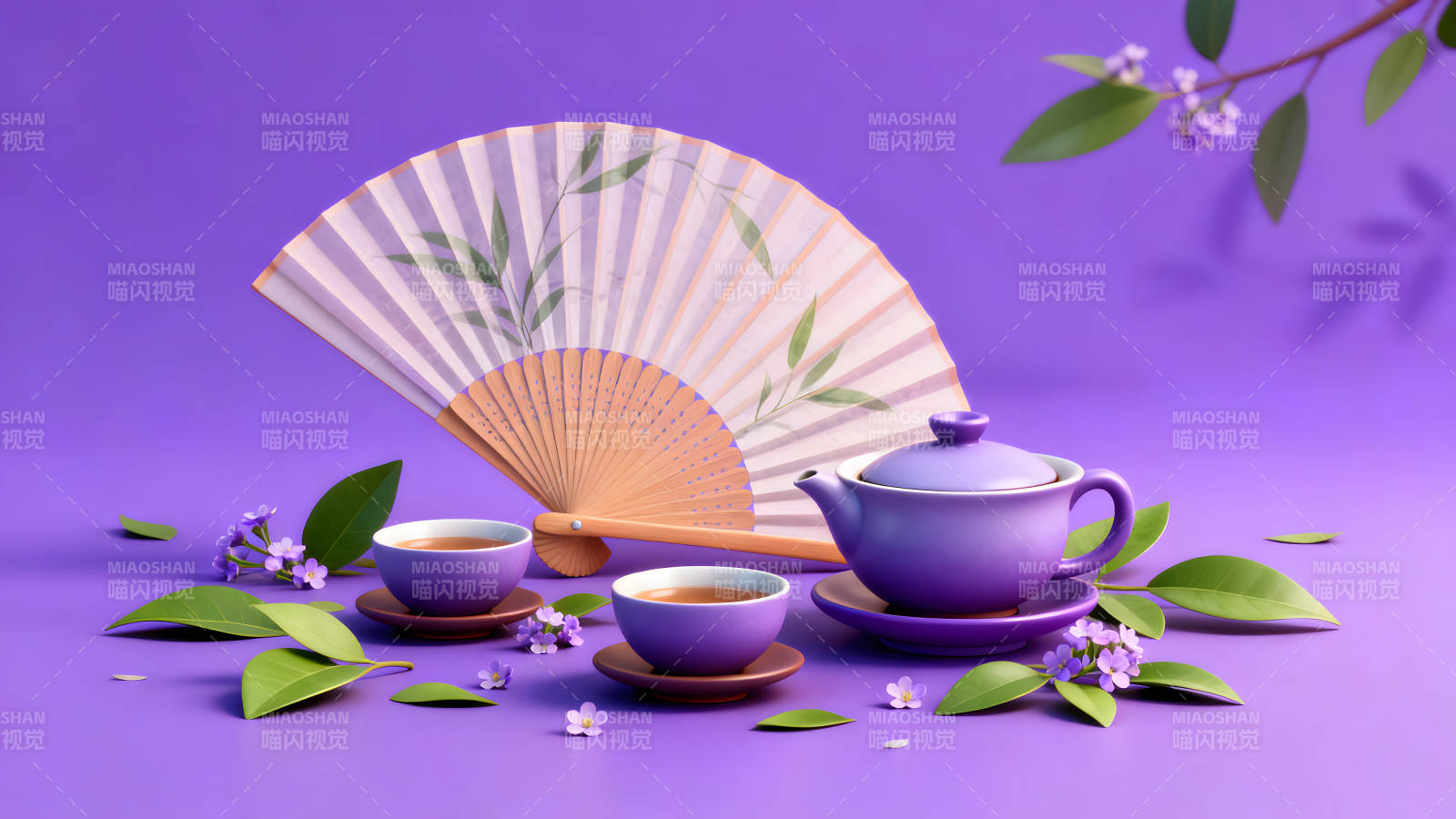 紫色的茶具与扇子图片
