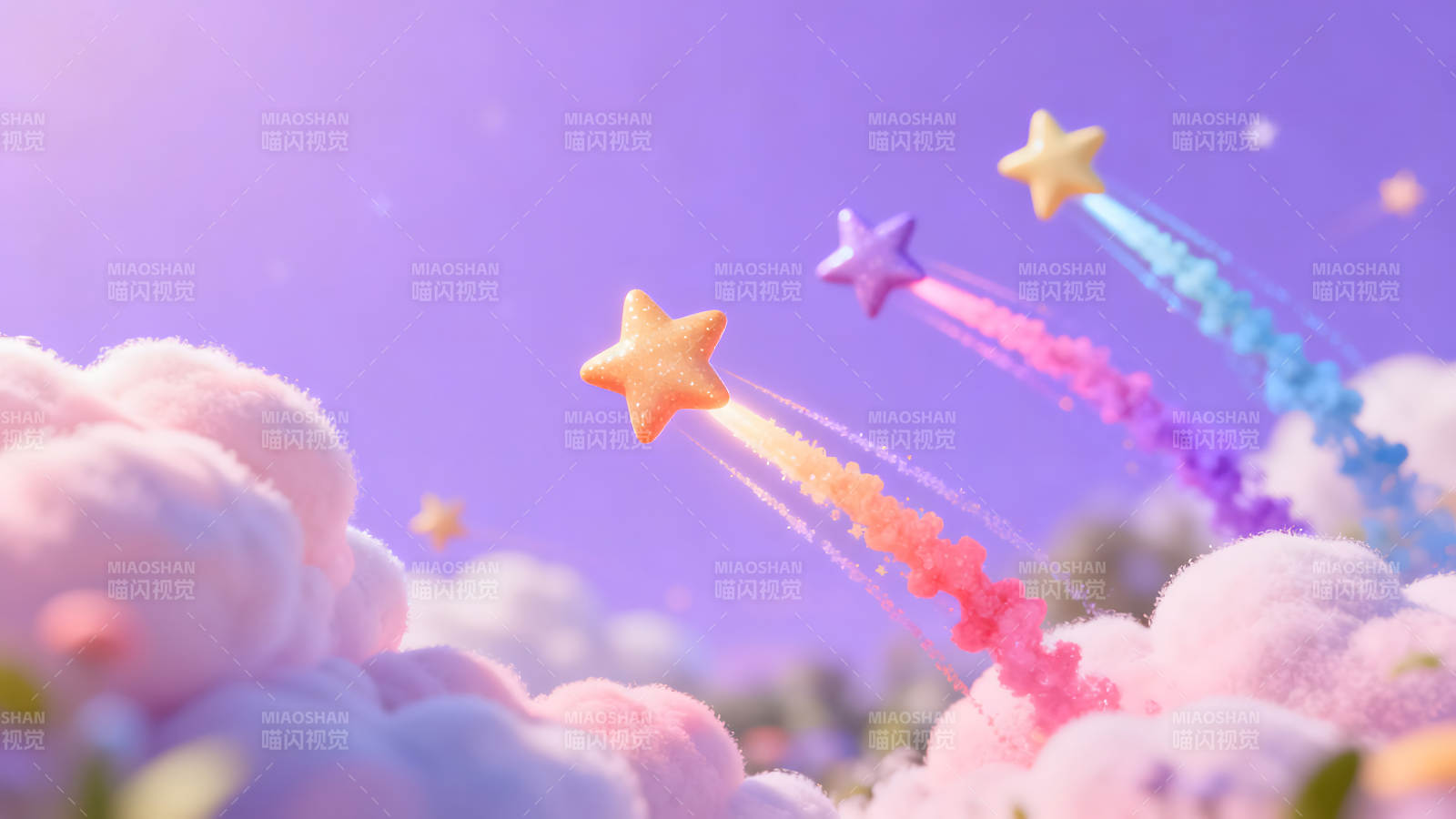 彩色星星在天空穿梭云朵点缀唯美场景图片
