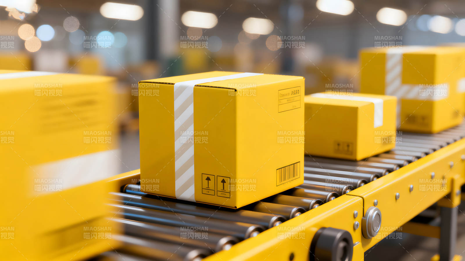 传送带上的黄色包裹图片