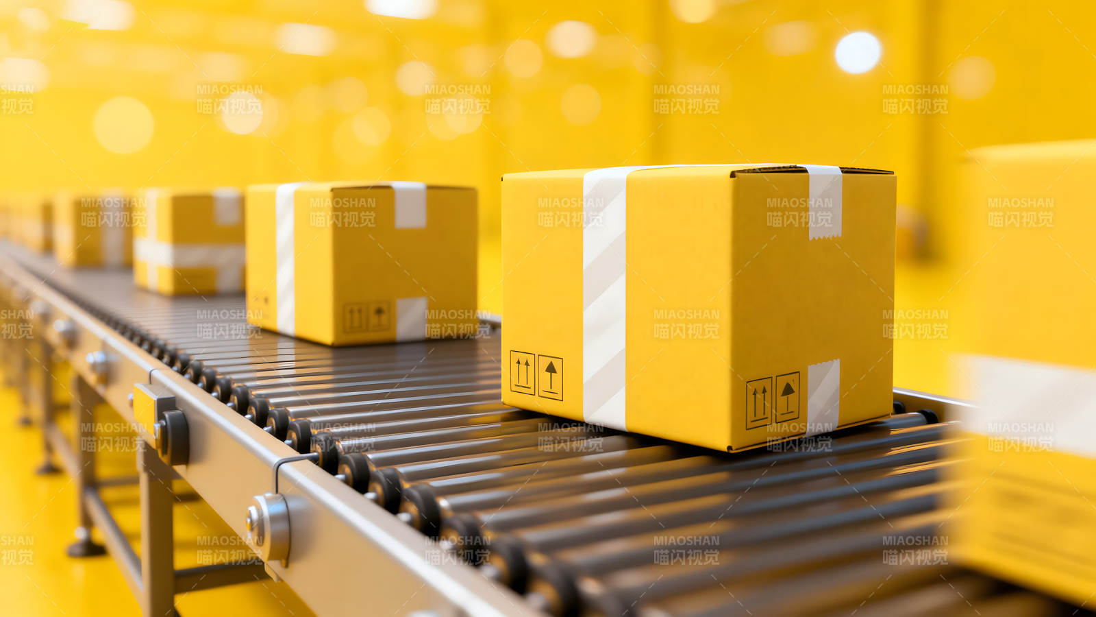 传送带上的包裹运输场景图片