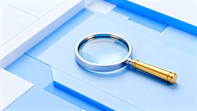 放大镜在蓝色几何背景上图片