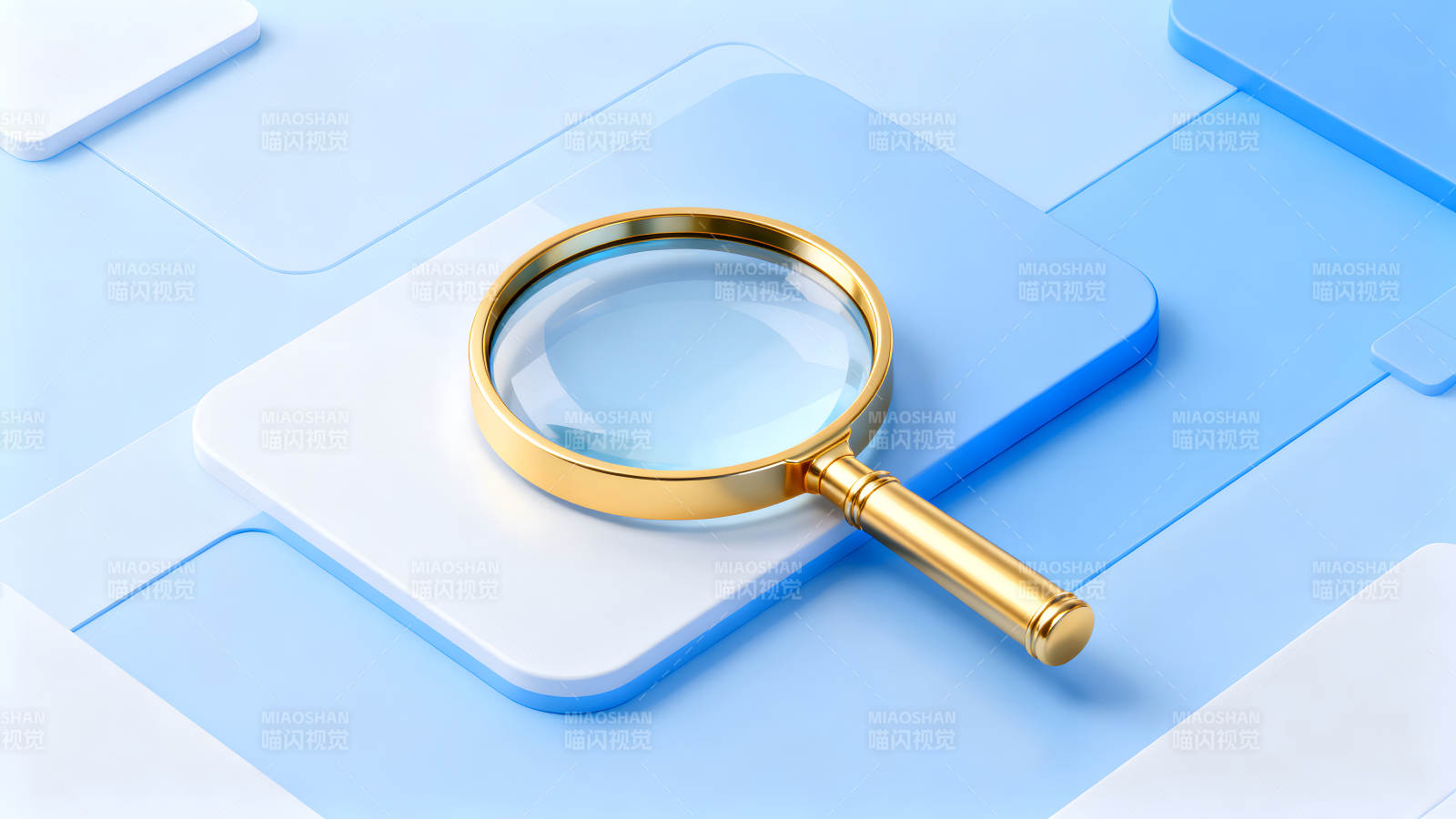 金色放大镜在蓝色背景上图片