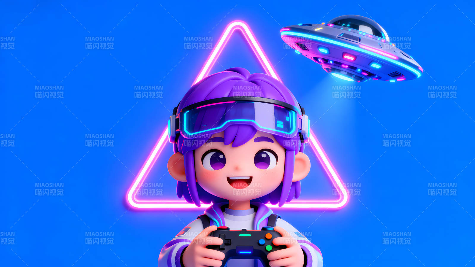 游戏少年与飞碟霓虹灯下的虚拟世界图片