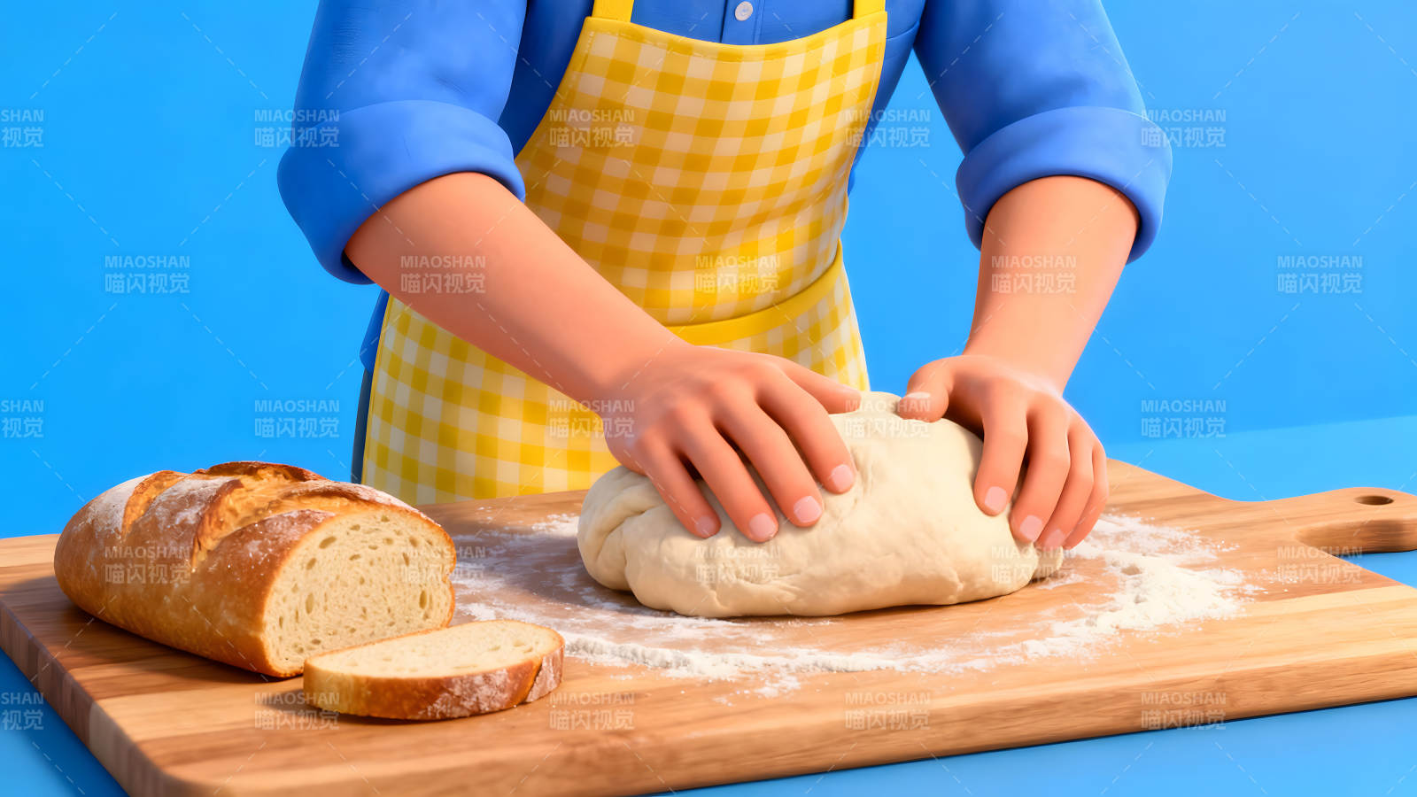 卡通面包师揉面制作面包的情景图片