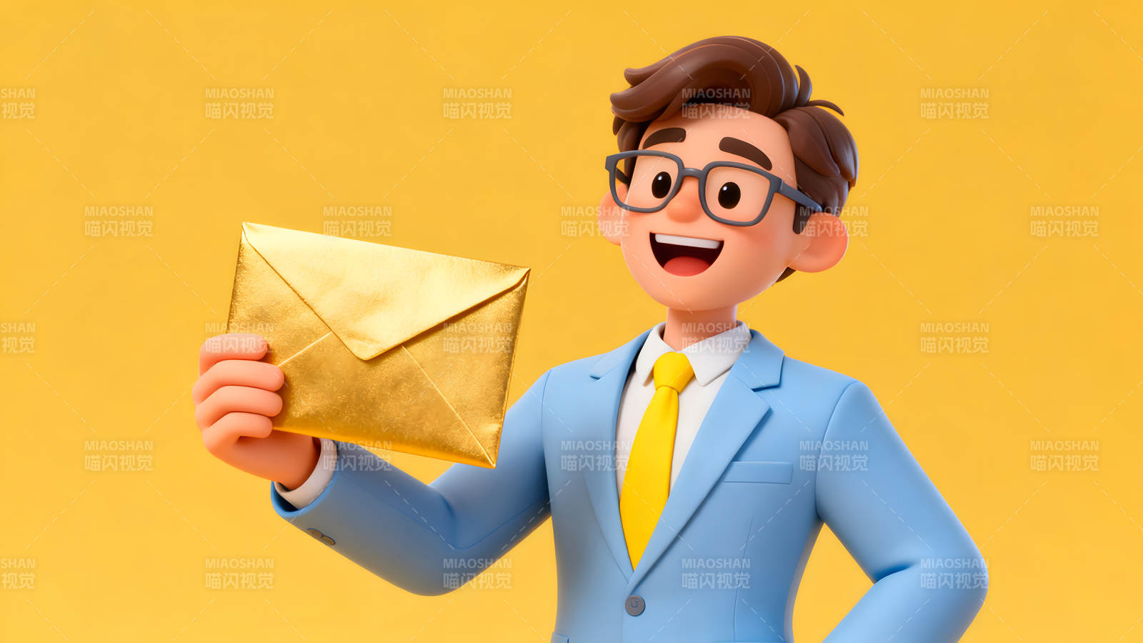 卡通人物拿着金色信封笑得很开心图片