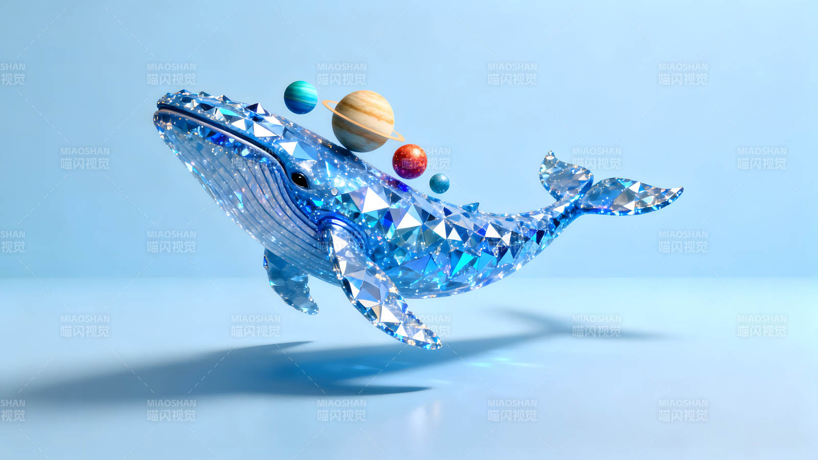 水晶鲸鱼驮着行星翱翔图片