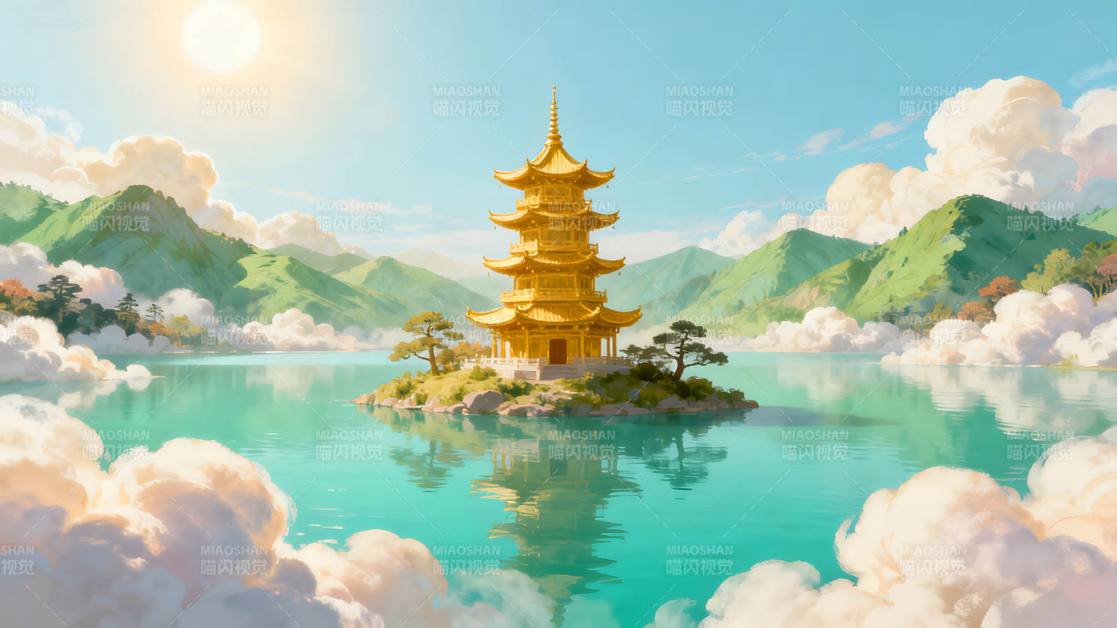 金色佛塔伫立湖中祥云环绕风景如画图片