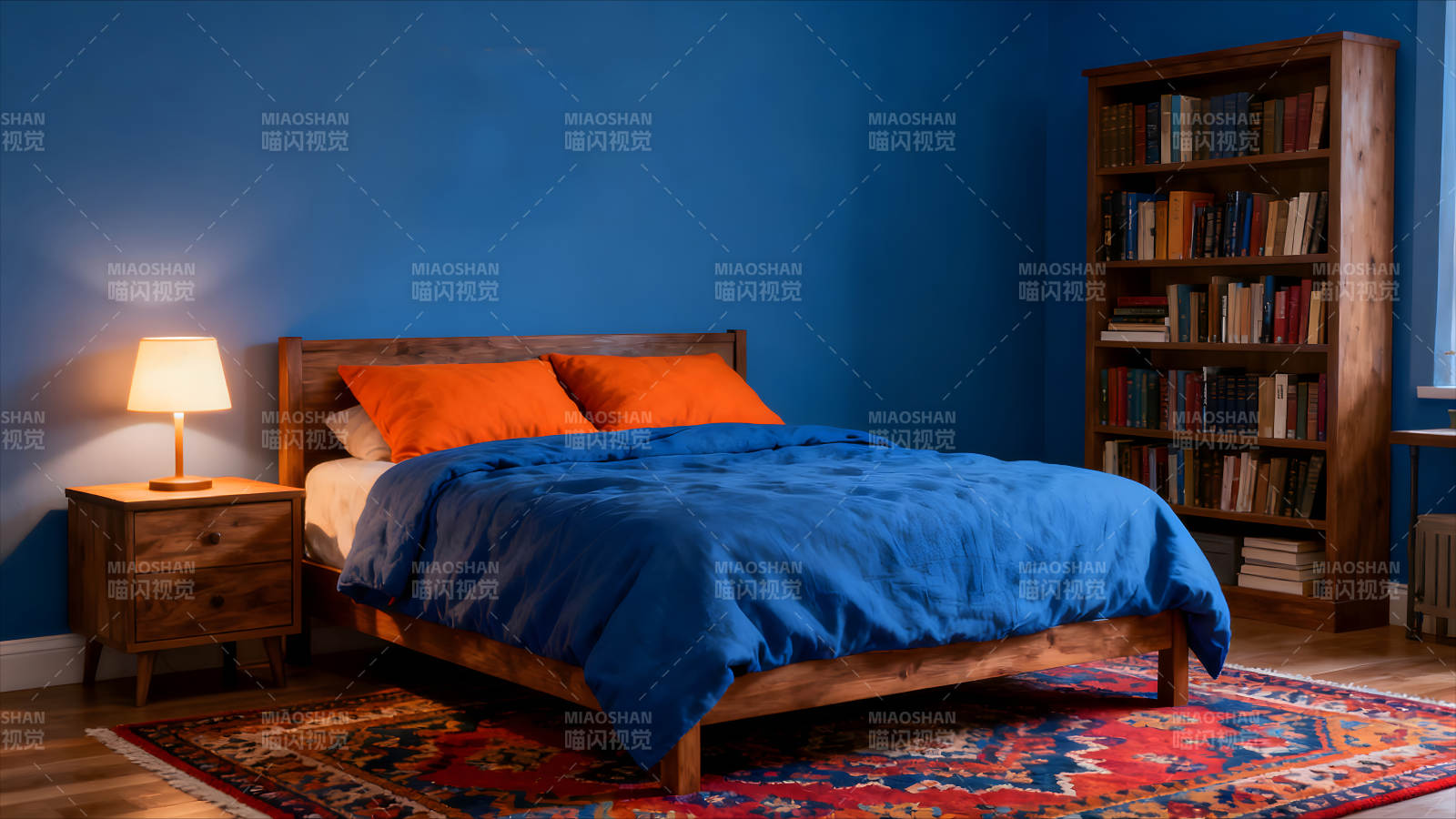 卧室陈设蓝色橙色配色舒适温暖图片