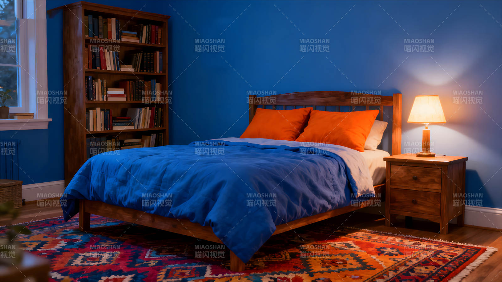 卧室床与书架灯光和谐舒适图片