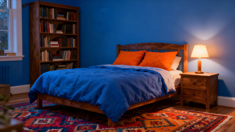 卧室床与书架灯光和谐舒适图片