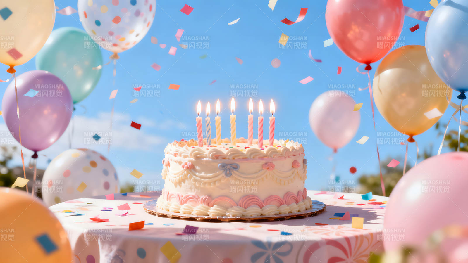 生日快乐蛋糕和气球庆祝图片