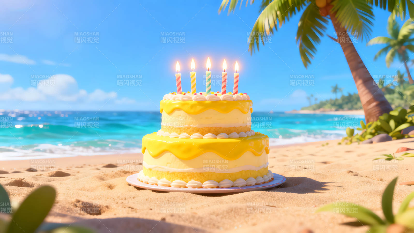 海滩上的生日蛋糕和蜡烛图片