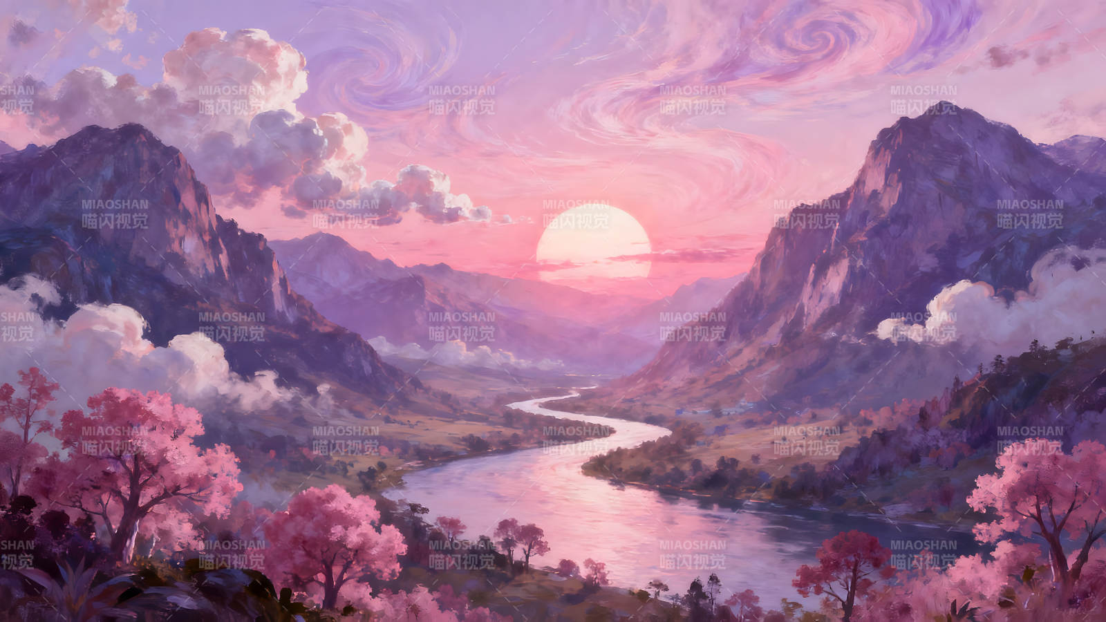 粉色霞光下的山河美景意境悠远图片