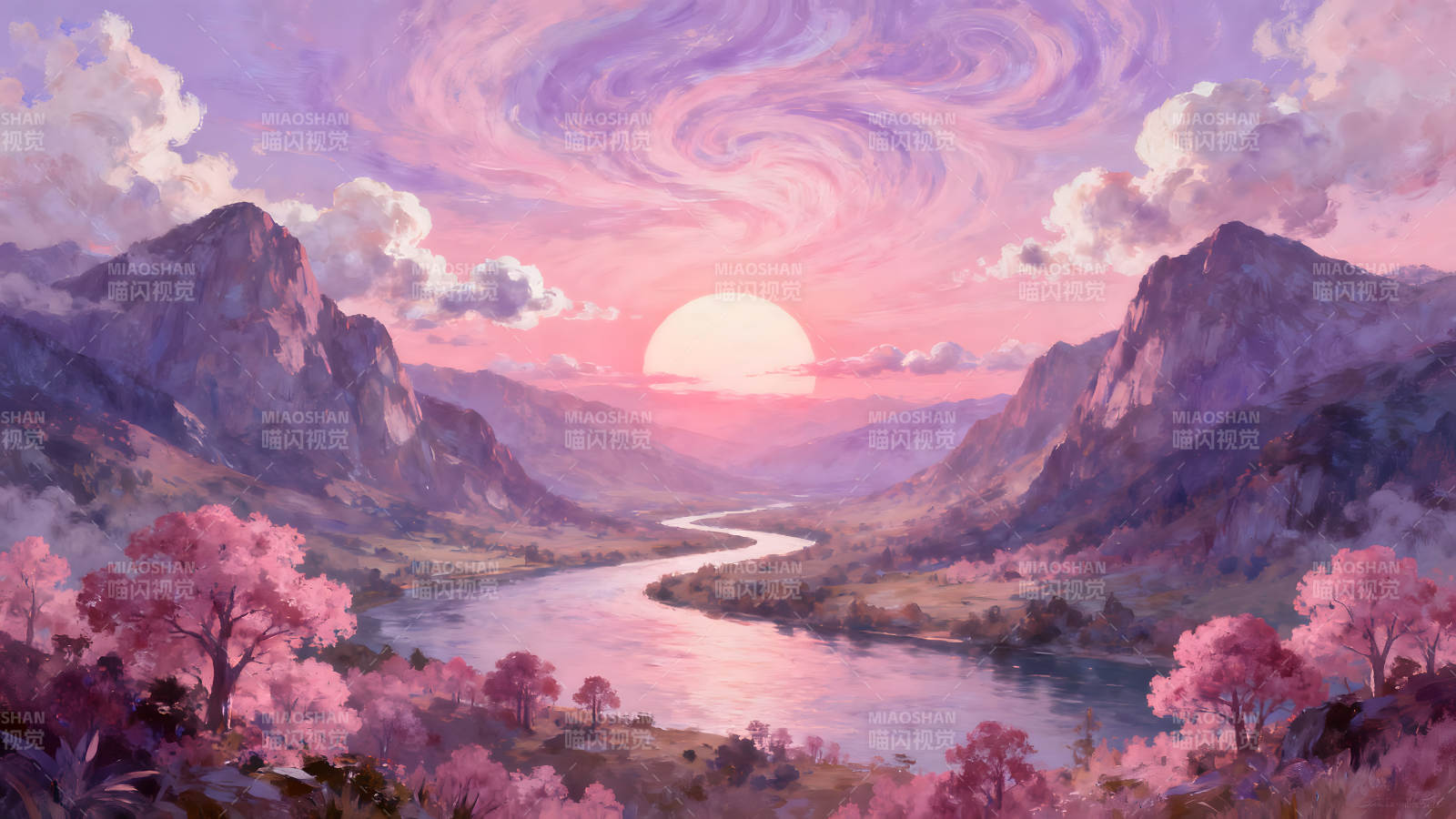 粉色日落下的山谷河流美景图片