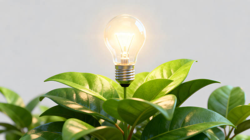 发光灯泡与绿植图片