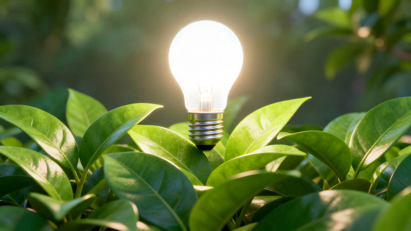 发光的灯泡在绿叶中环保概念图片