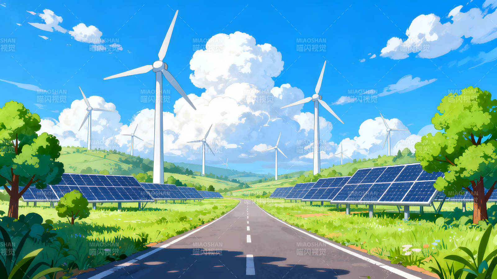 蓝天白云下的绿色能源景象图片