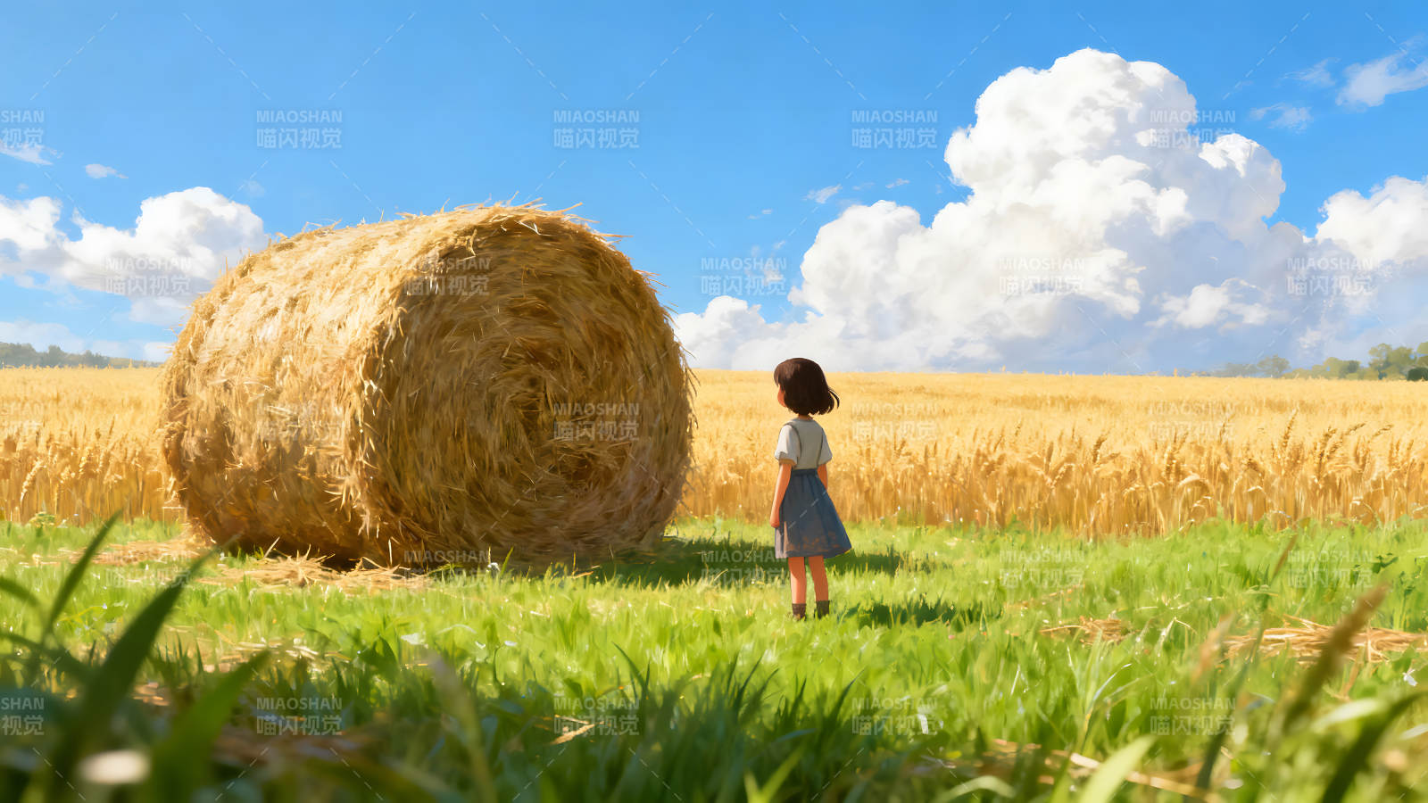 女孩凝视麦田巨型草捆蓝天图片