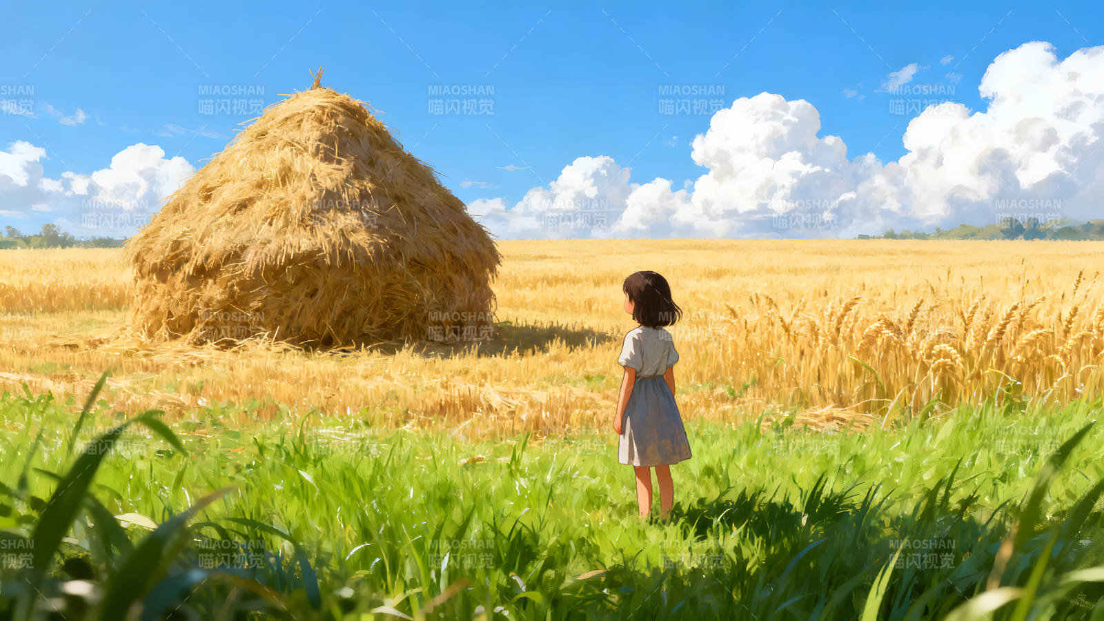 田野上的女孩和干草堆图片