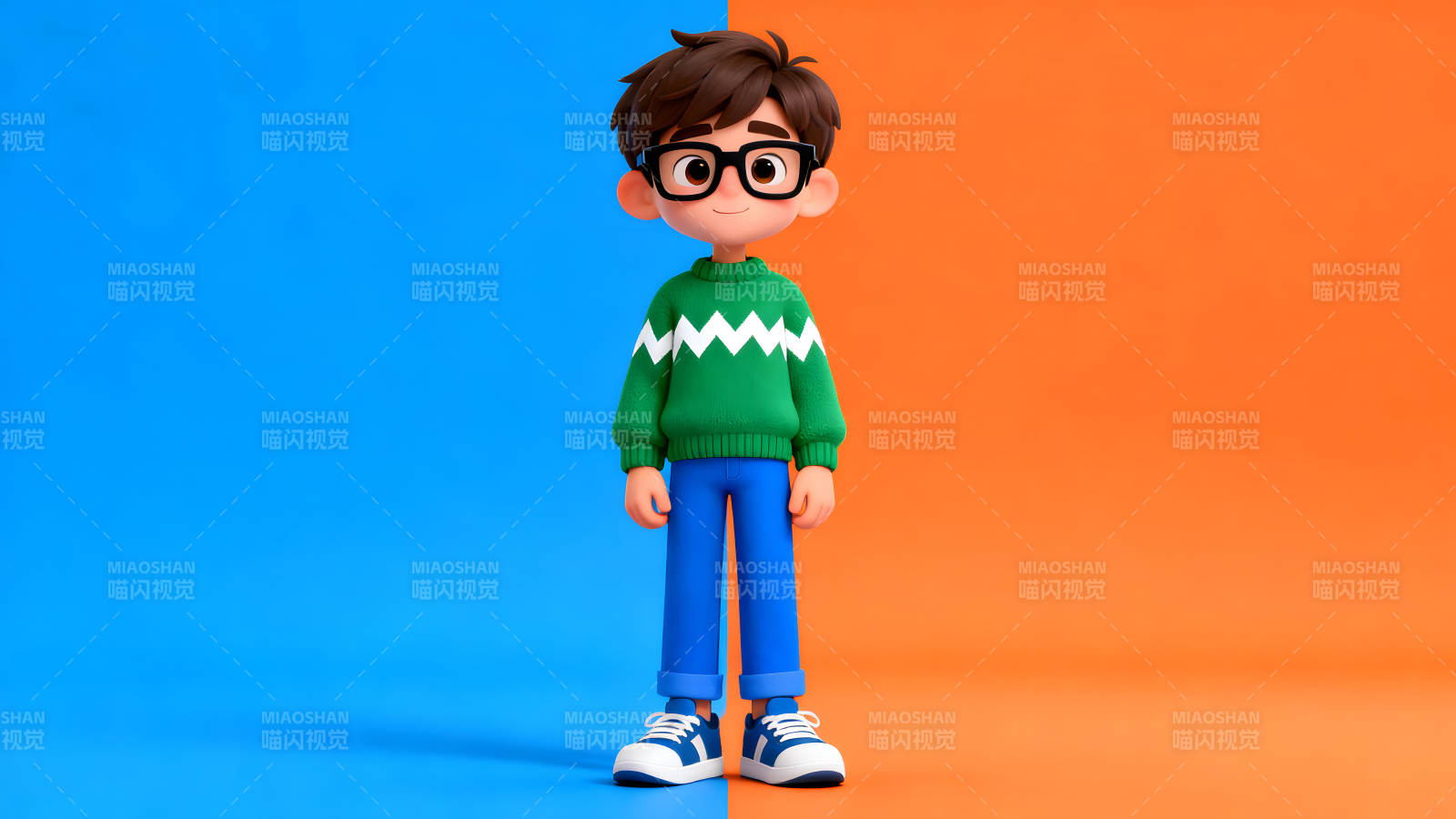 卡通男孩形象站立在双色背景前图片