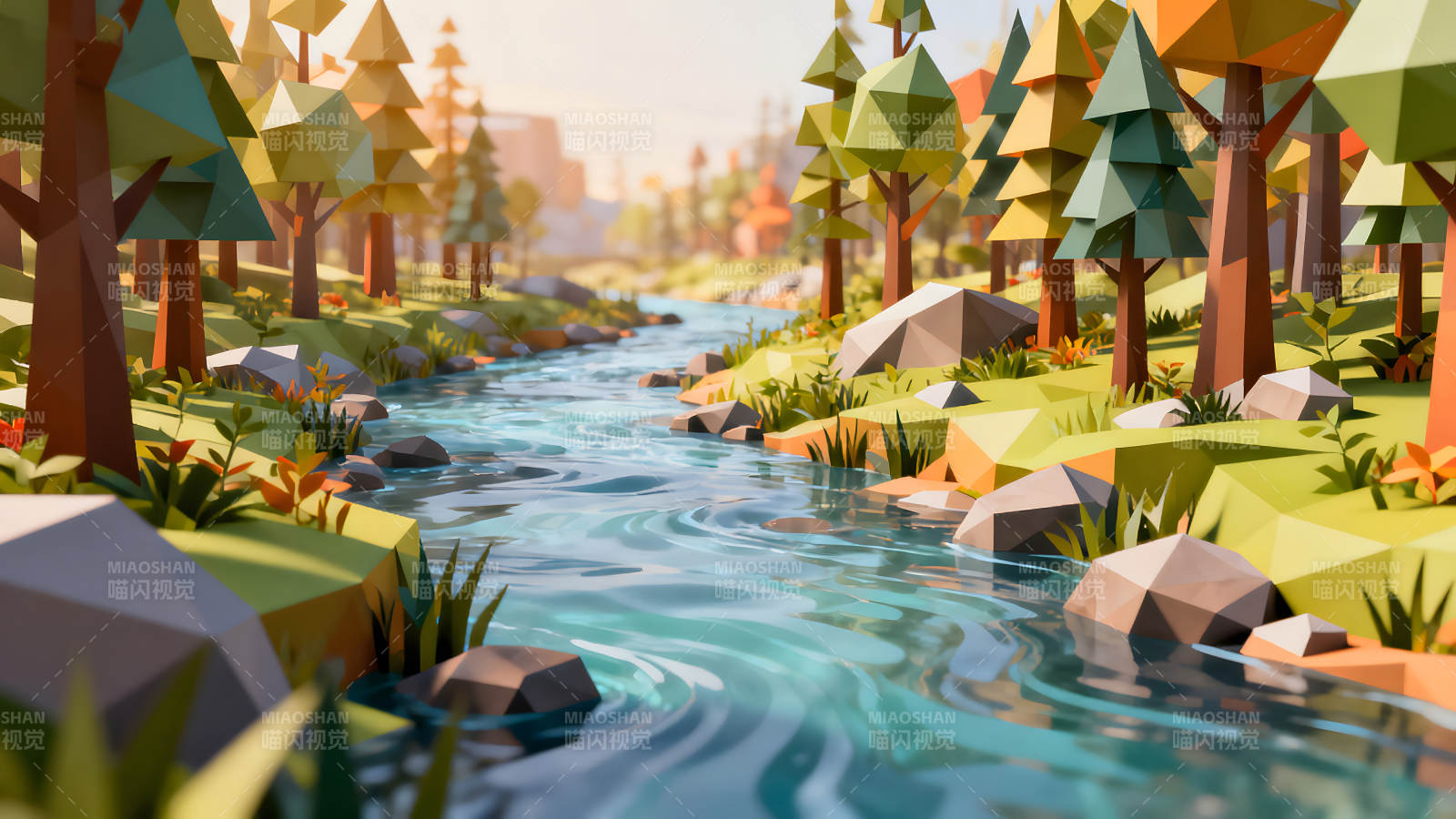 卡通河流森林美景图片